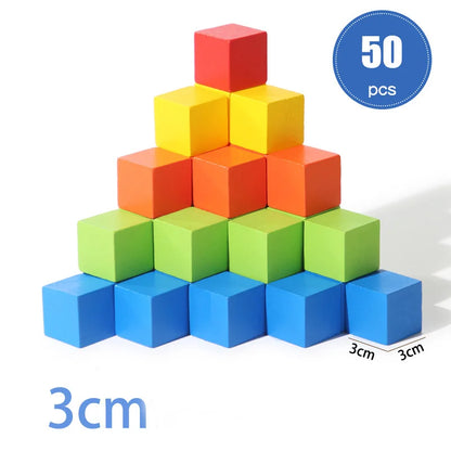50/100PCS Colorful Wooden Building Blocks – Stacking Square Blocks, Shape and Color Learning Toy for Babies and Children