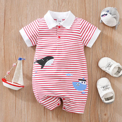 Newborn Baby Whale Print Jumpsuit – Striped Casual Romper (Short Sleeve, 0-18 Months, Summer Wear for Boys & Girls)