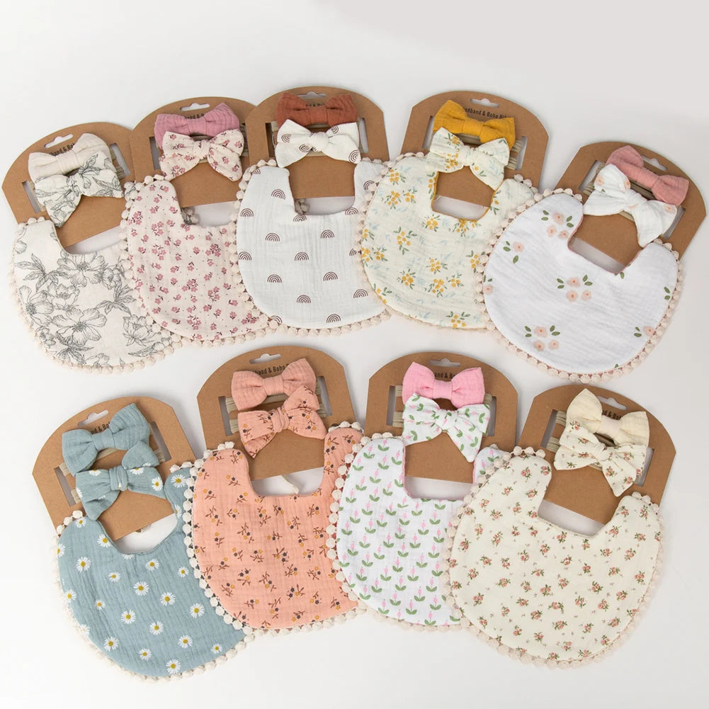 3-Piece Set – Baby Flower Bibs & Headbands, Bow Nylon Hairbands, Double-Side Saliva Towel & Feeding Burp Cloth for Boys & Girls - Kidzy Market