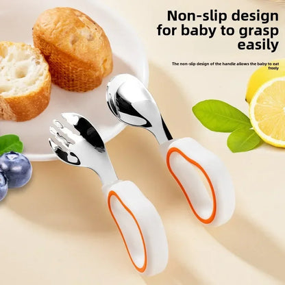 Baby Eating Training Set - Soft Silicone Spoon & Fork Cutlery, Toddler Feeding Utensils, Kids Fork Set, Children Tableware