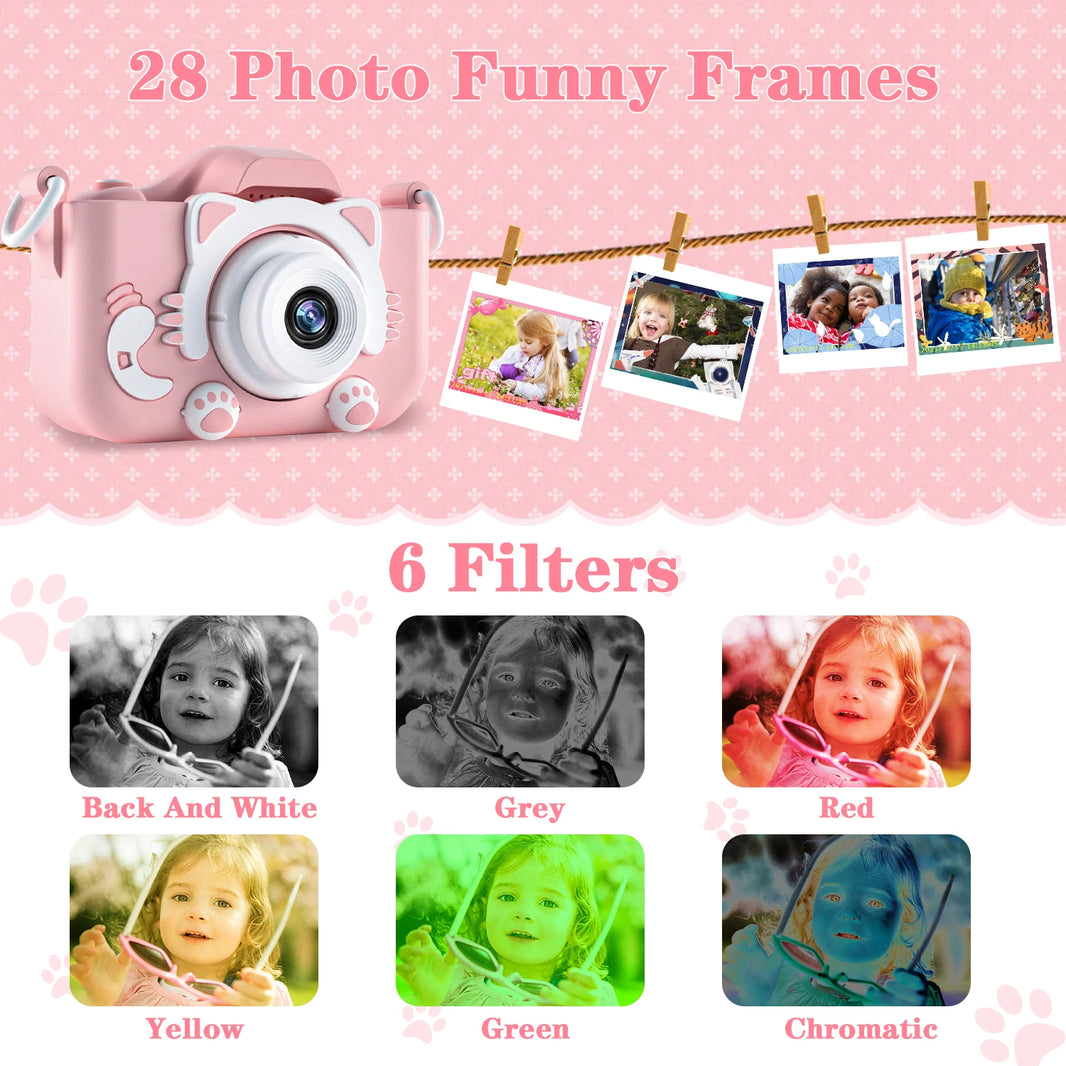 Cute Cat Kids Camera with Dual Lenses, 32GB Card, Silicone Case, HD Video Toy Gift
