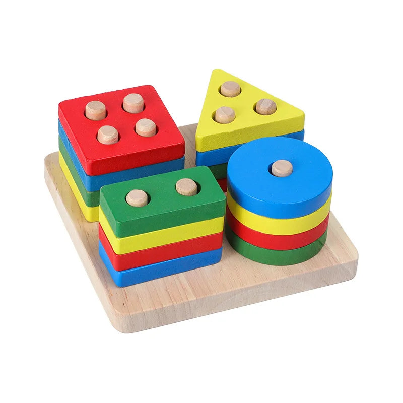Hot Kids Montessori Wooden Toys – Macaron Blocks, Colorful Graphic Rattle, Educational Music Toy for Babies