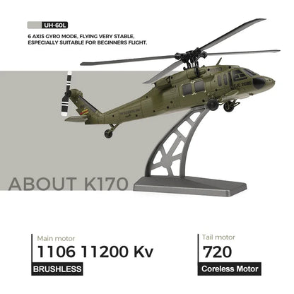 WLtoys K170 RC Helicopter UH-60L – 4-Channel Brushless Remote Control with Gyro and LED Light