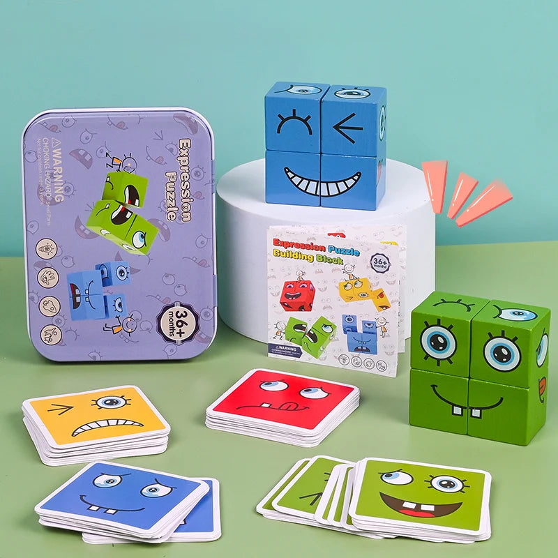 Cube Face Change Wooden Puzzle – Montessori Expression Building Blocks for Kids, Educational Toy Gift