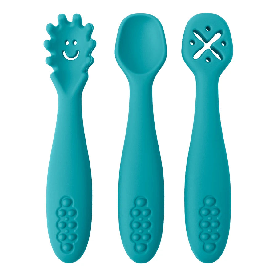 3PCS Silicone Spoon & Fork Set for Baby – Soft Feeding Utensils, Training Cutlery for Toddlers, BPA-Free Children’s Tableware