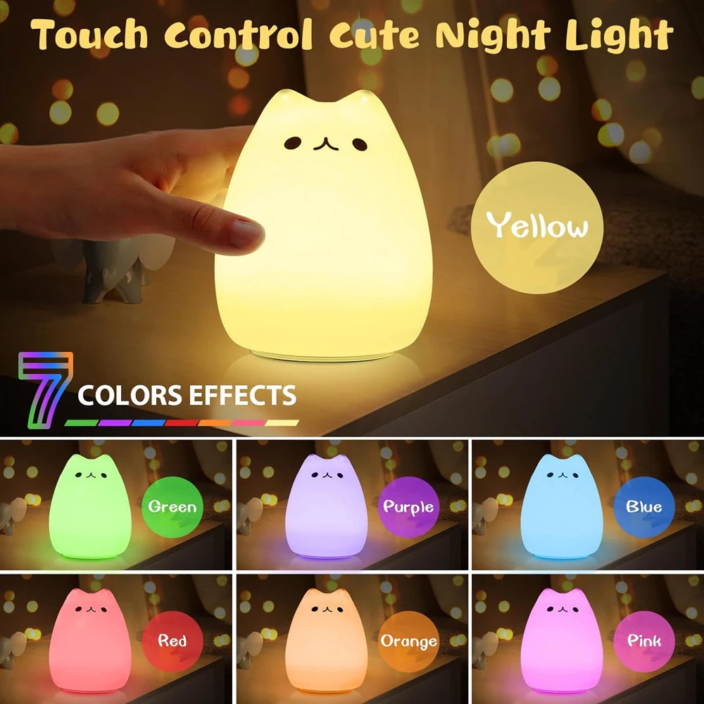 LED Cat Night Light for Kids Silicone Cute Nursery Multicolor Portable Christmas Gift