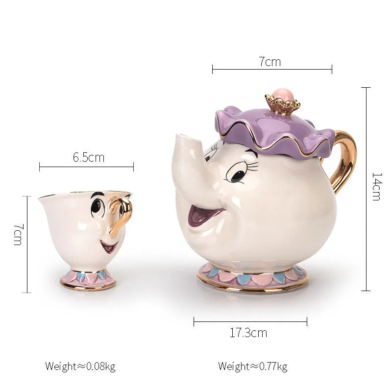 Disney Anime Peripheral Beauty and the Beast Mrs. Potts and Chip Tea Set Cute Cartoon Teapot and Mug