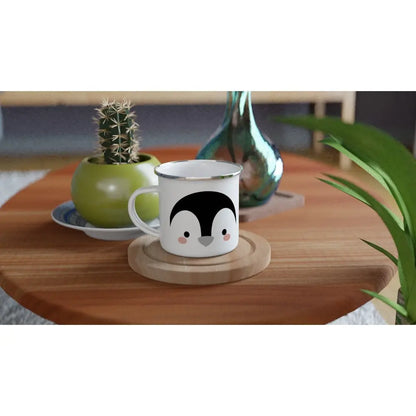 Penguin Enamel Campfire Mug, White Penguin Print — 11 oz (360 ml) Metal Camping Coffee Mug, Kids Birthday Gift