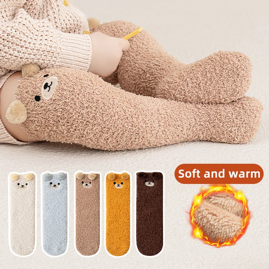 Baby Coral Velvet Socks – Warm Plush Knee-High Stockings with Cute Bear Design (0-5 Years)