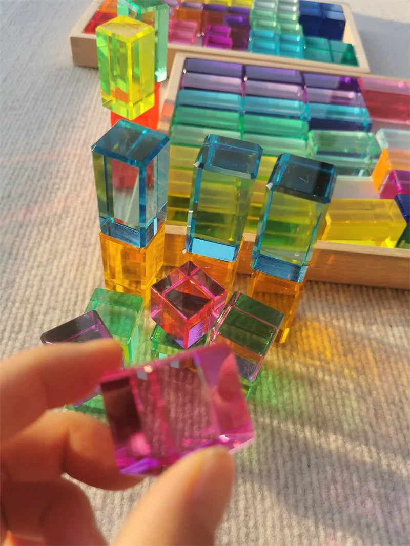 Wooden Montessori See-Through Blocks – Mixed Acrylic Gems Toy for Kids, Open Play Educational Toy
