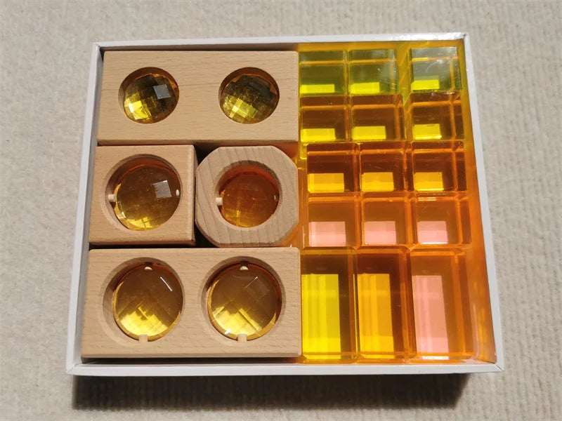 Wooden Montessori See-Through Blocks – Mixed Acrylic Gems Toy for Kids, Open Play Educational Toy