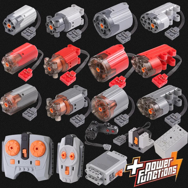 Electric Motor Set for RC Car – Battery Box, Switch, and LED Light Power Functions for MOC Building Blocks