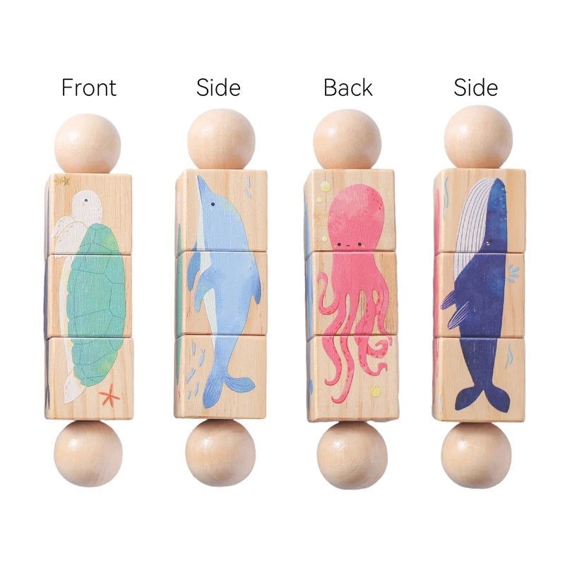 1PC Baby Wooden Montessori Toy – Cartoon Animal Crocodile & Bear Rotate Block Rattle, Food-Grade Wooden Teether Puzzle Game