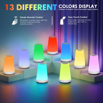 LED 13-Color Changing Night Light Remote Control Touch USB Rechargeable RGB Dimmable Portable Table Bedside Lamp