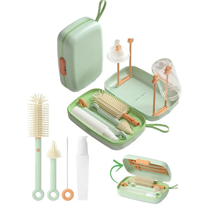Travel Baby Bottle Cleaning Kit - Retractable Silicone Brush Set for Teat, Straw & Breast Pump, Portable Cleaning