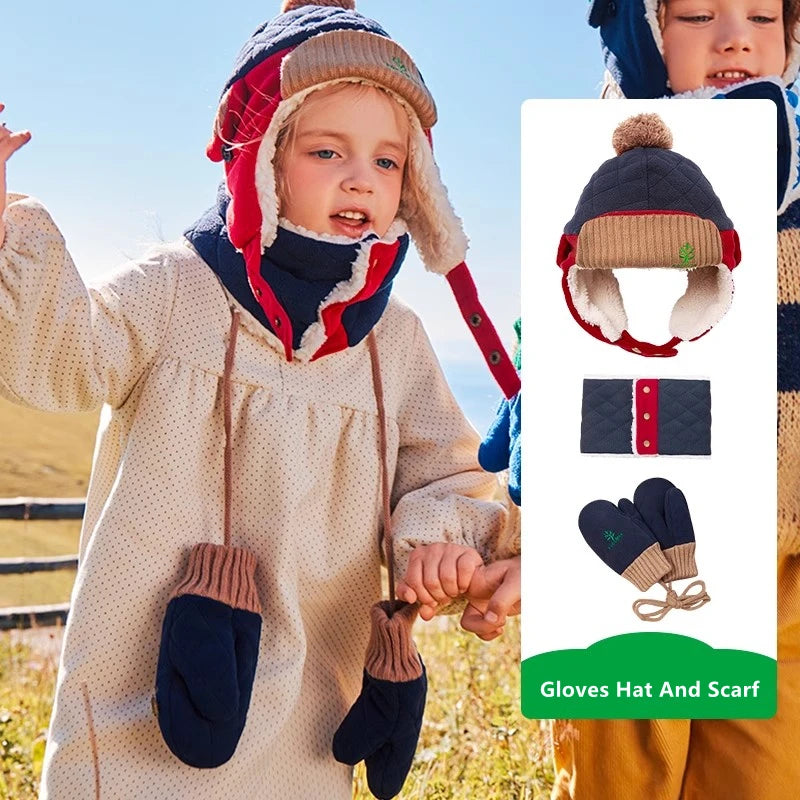 Warm Children Hat Scarf Gloves Set – Autumn & Winter Ear Protection Cap for Boys & Girls – Soft, Windproof, Thickened Velvet Beanie Hat
