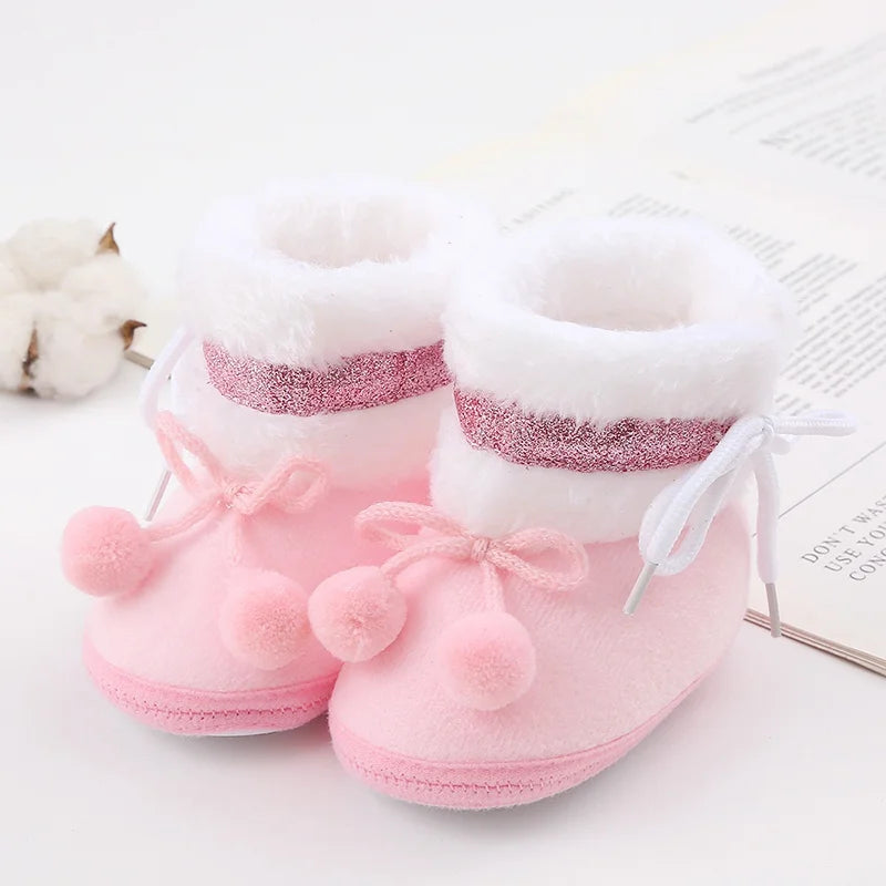 Winter Snow Baby Boots Faux Fur Warm Fluff Balls Indoor Cotton Soft Sole Infant Newborn Toddler Baby Shoes 0-18M