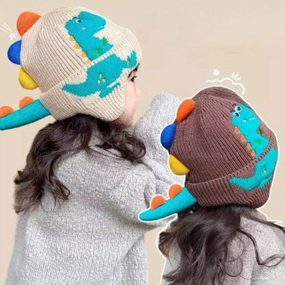 Dinosaur Cartoon Kids Earmuffs Beanie — Warm Knit Cotton Winter Hat with 3D Ears for Toddlers & Children (Unisex)