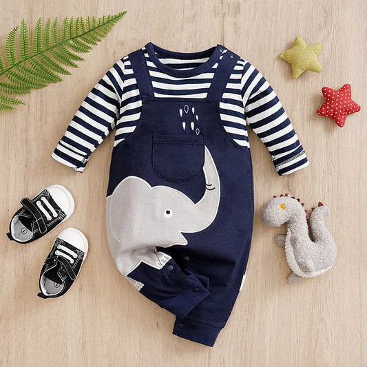 Baby Elephant Striped Jumpsuit – Long Sleeve Cotton Onesie for Newborns & Toddlers (Unisex, 0-18 Months)