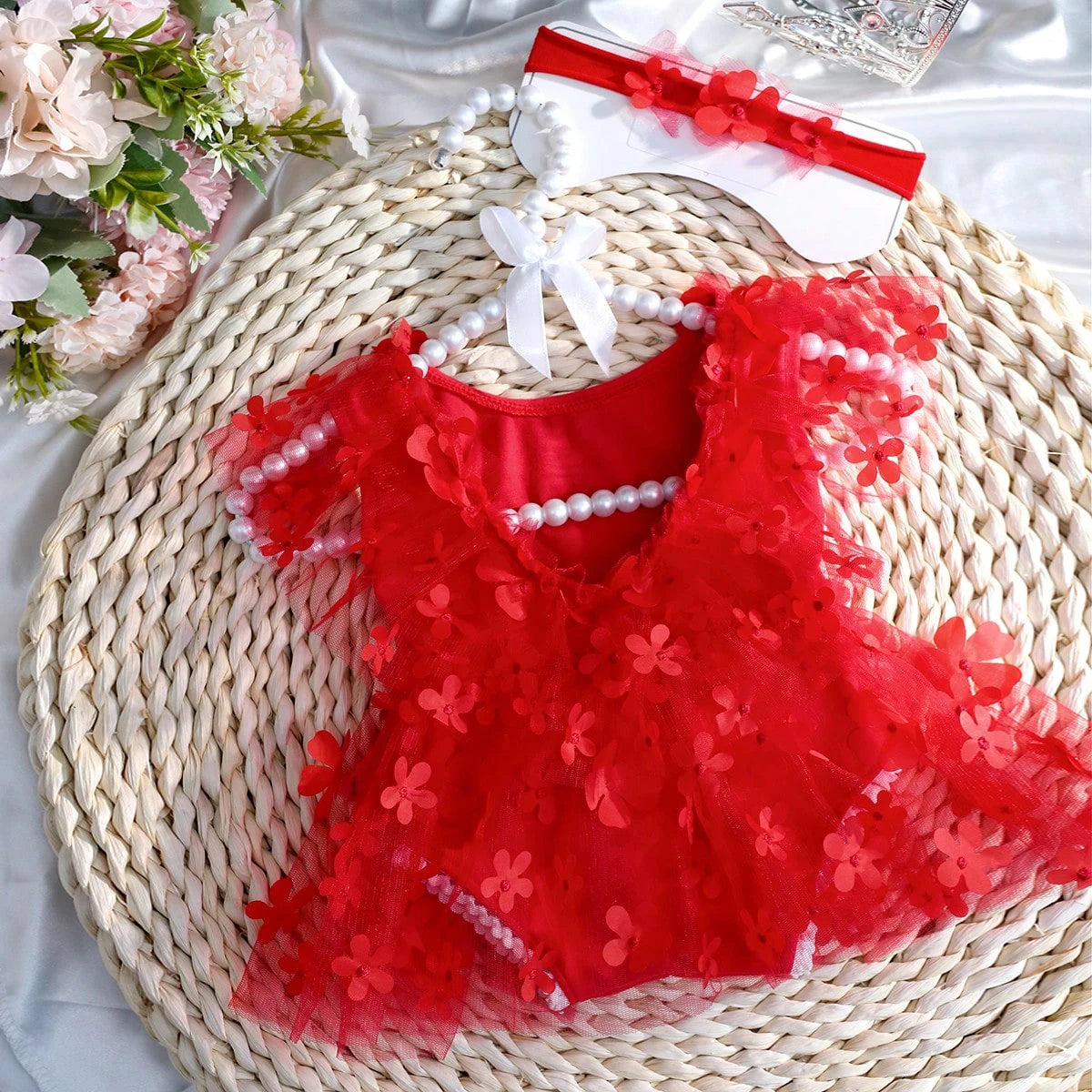 Ylsteed 2-Piece Newborn Girl Photography Outfit – Embroidered Flower Romper with Headband for Baby Photo Shoots