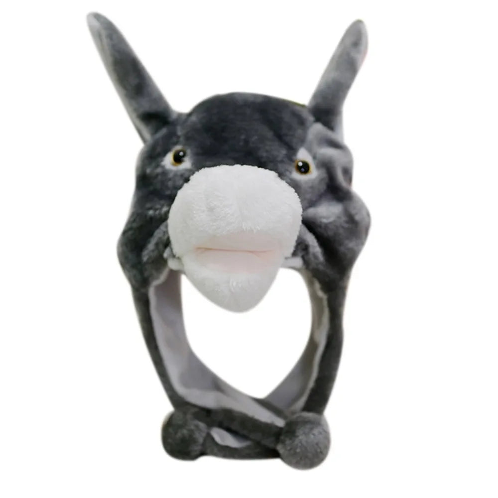 Plush Animal Earflap Hat with Moving Ears & Neck Warmer — 60 cm (23.6 in) Adult Cosplay Party Beanie