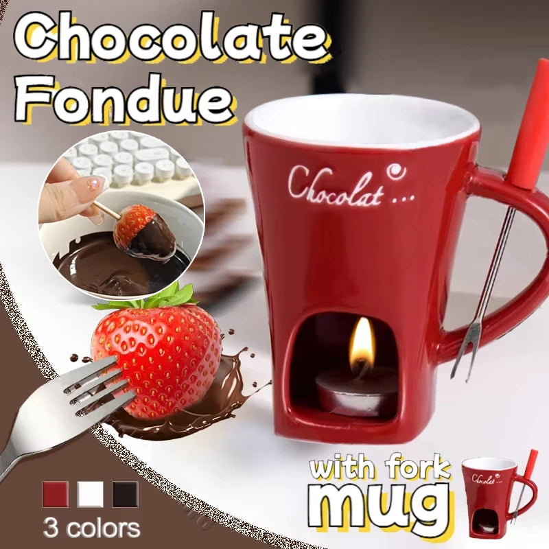 130ml (4.4 fl oz) Ceramic Chocolate Fondue Mug with Fork - 4.33in Mini Fondue Pot Candle Warmer for Melting Chocolate, Cheese & Butter