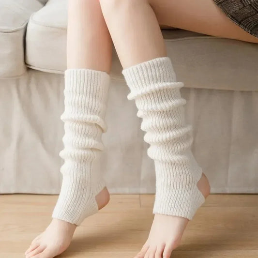 New Japanese Lolita Y2K Solid Color Leg Warmers for Women - Hollowed Out Foot Heel, Warm Knitted Knee-High Socks | Legging Gaiters Cover