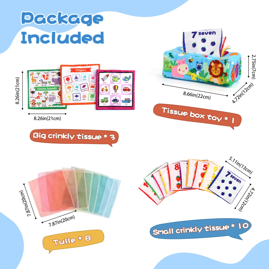Baby Tissue Box Sensory Toy – Colorful Soft Montessori Educational Toy for Toddlers 0-18M, Finger Exercise and Pumping Silk Scarf Gift