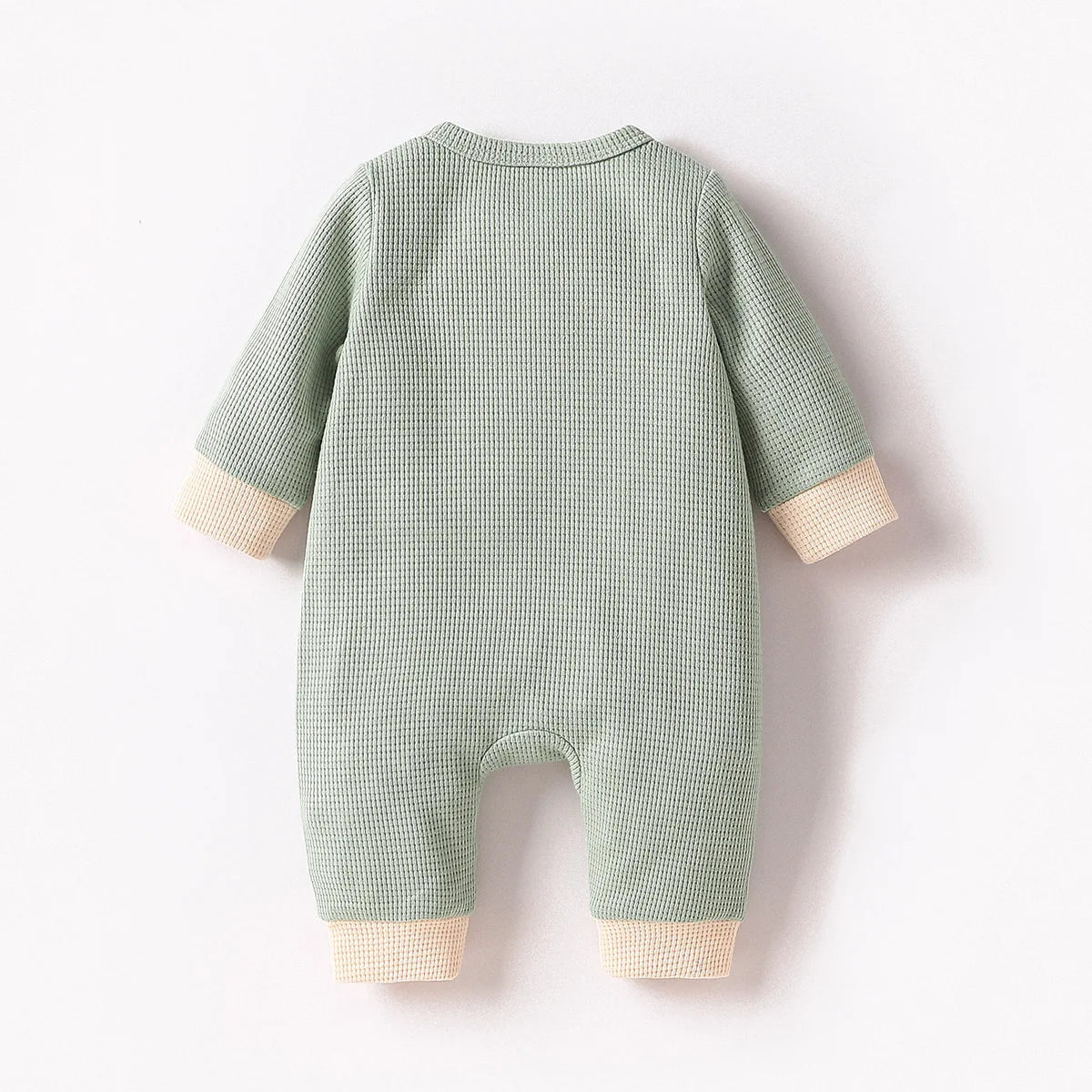 Baby Newborn Boys’ Long Sleeve Jumpsuit – Green Solid Waffle Casual Romper with Button (Spring/Autumn)