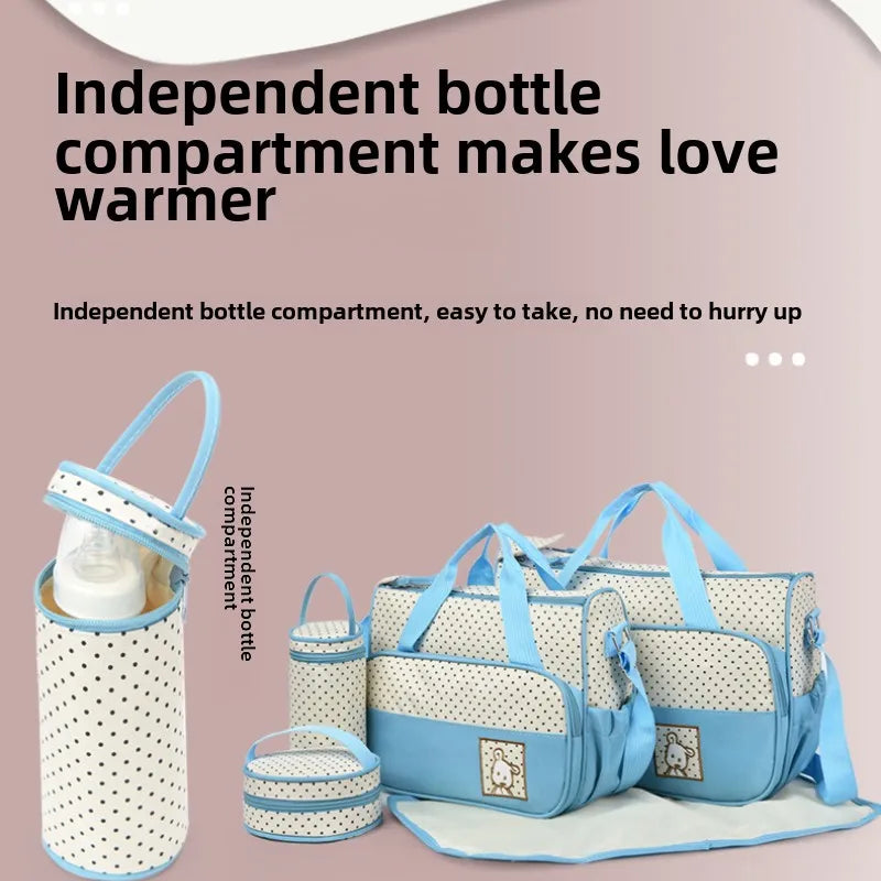 5-Piece Stylish Portable Mommy & Baby Bag – Large Capacity Diaper Bag with Built-in Changing Pad & Independent Bottle Compartment - Kidzy Market