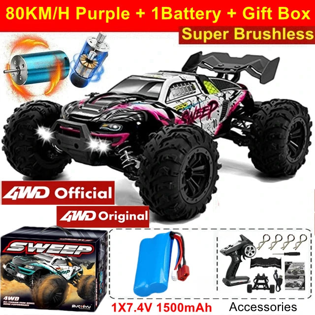 1:16 Brushless RC Drift Car with 80km/h Speed and LED Lights 4WD