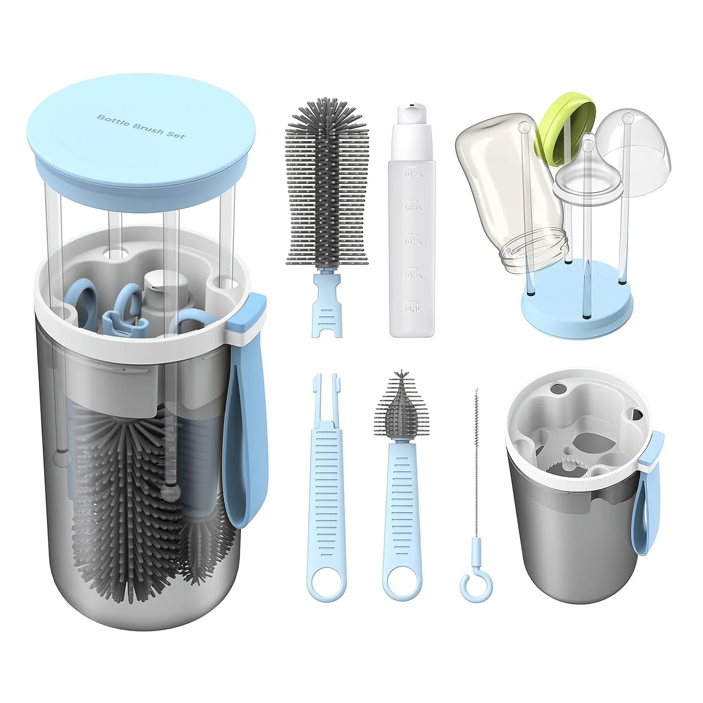 Travel Bottle Cleaning Kit – Scalable Silicone Brush with Nipple Cleaner, Drying Rack & Straw Brush
