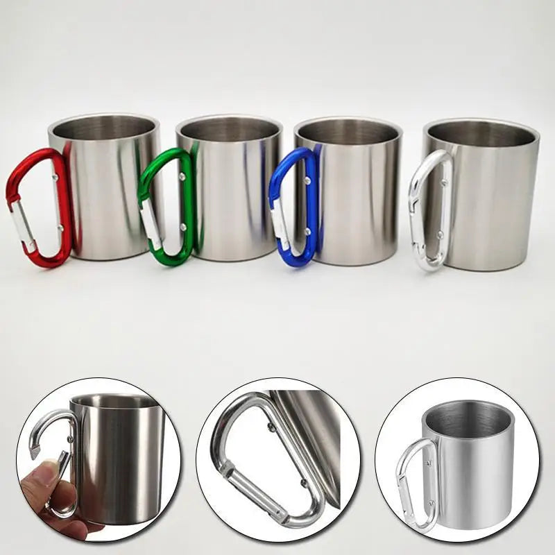 220ml (7.4 fl oz) Stainless Steel Camping Mug with Carabiner Handle, Double‑Wall Portable Travel Cup