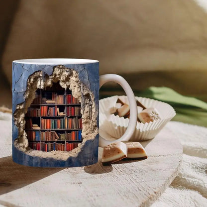 3D Bookshelf Ceramic Coffee Mug - Book Lovers Novelty Cup, Multi-Purpose Gift (3.5 in)