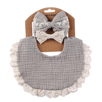 3-Piece Set – Solid Muslin Cotton Baby Bibs & Lace Headbands, Saliva Towel & Feeding Burp Cloths for Boys & Girls with Nylon Hair Bands - Kidzy Market