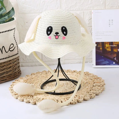 Kids Straw Sun Hat with Pop-Up Bunny Ears — Wide Brim 6.5 cm (2.6 in), 54 cm (21.3 in) Head — UPF 50+ Unisex Beach & Summer Hat, TikTok-Trending