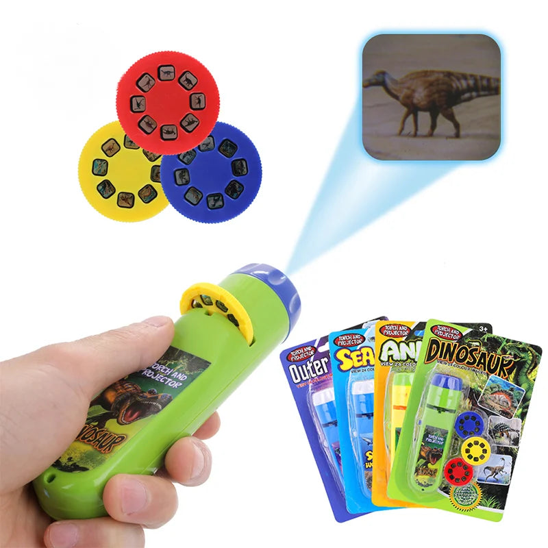 Dinosaur Projection Flashlight for Kids — Cartoon Bedtime Projector Toy with 3 Slides, Educational Night Light