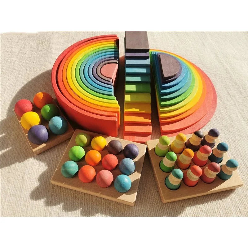 High-Quality Wooden Lime Wood Rainbow Arch Stacking Blocks – Color Sorting Peg Dolls, Balls, and Slats for Kids Play