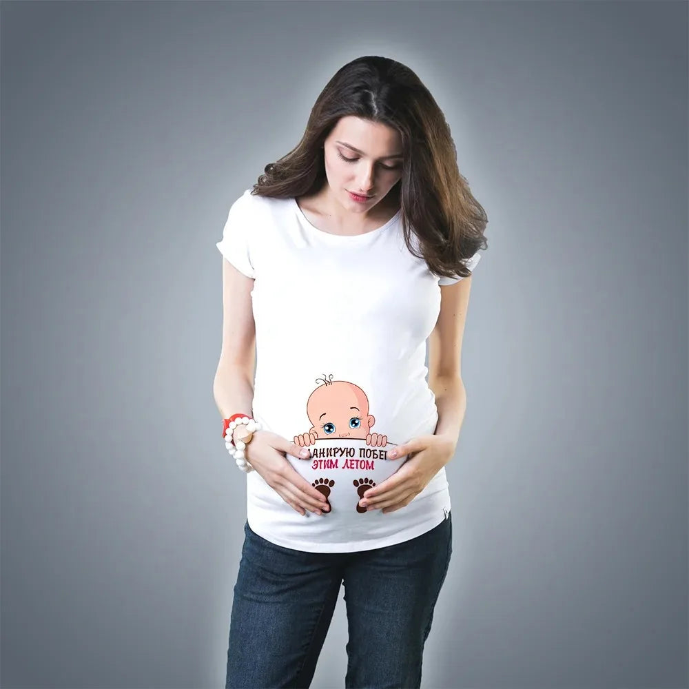 Fashionable Cute Baby Pregnancy T-Shirt for Women | Pure Cotton Printed Fun Summer Short Sleeve White Top
