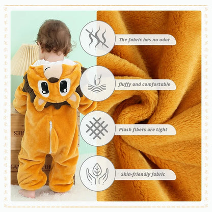 MICHLEY Halloween Dinosaur Baby Romper – Hooded Flannel Jumpsuit for Toddlers & Infants, Winter Costume Bodysuit for Kids