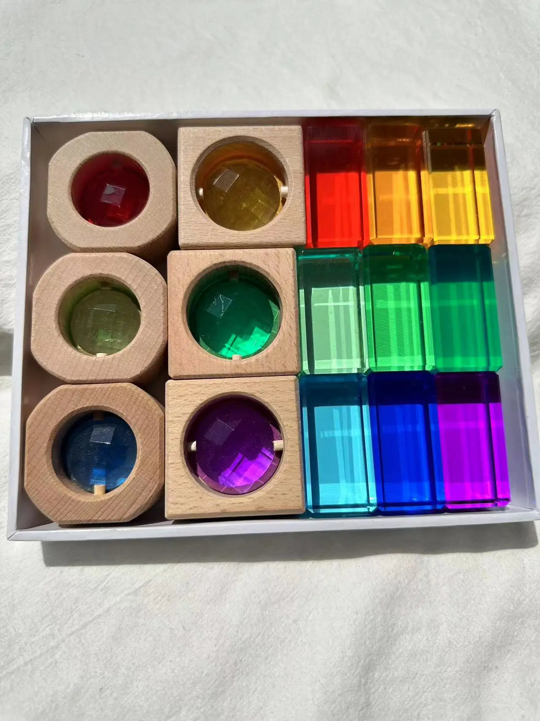 Wooden Montessori See-Through Blocks – Mixed Acrylic Gems Toy for Kids, Open Play Educational Toy
