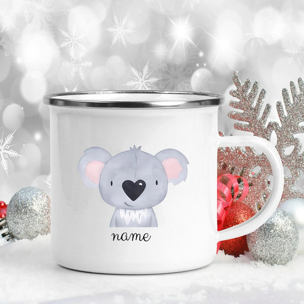 Personalized Kids Enamel Camping Mug — Forest Animals Children's Name Cup, Eco-Friendly Enamel Mug