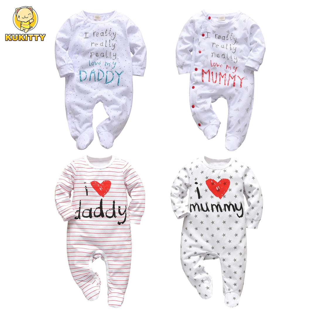 Newborn Infant Baby Boys & Girls Cotton Long Sleeve Romper – “Daddy/Mummy” Letter Jumpsuit Pajamas – Cute Family Outfit for Baby Boy & Girl