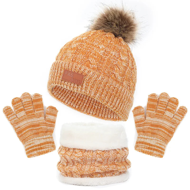 3-Piece Winter Baby Hat, Scarf & Gloves Set – Solid Color Knitted Toddler Bonnet with Cute Pompom, Warm Outdoor Accessories for 1-5 Years