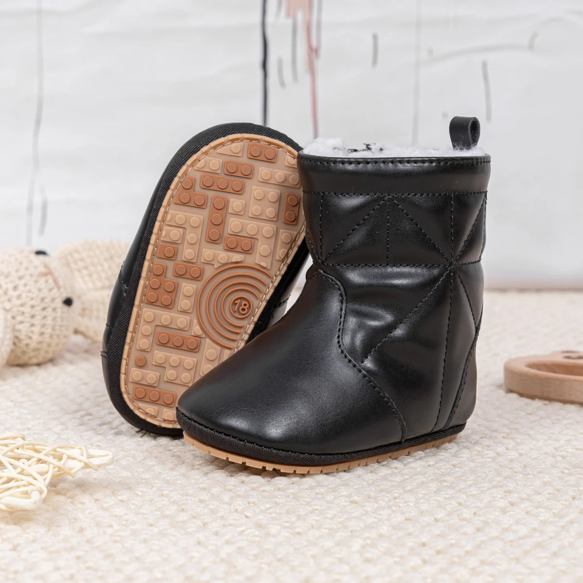 KIDSUN Warm Faux Leather Baby Boots, Fur Lining PU Outsole Boots, Winter Baby Shoes, Infant Indoor Outdoor Walking Shoes