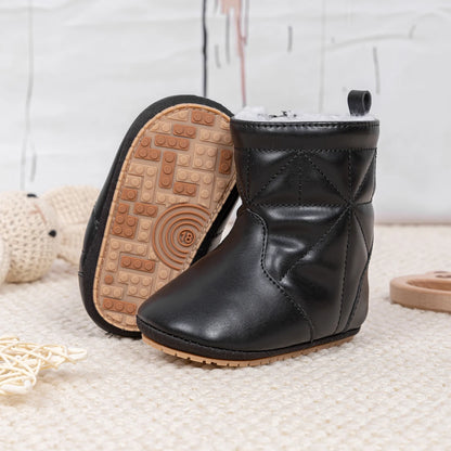 KIDSUN Warm Faux Leather Baby Boots, Fur Lining PU Outsole Boots, Winter Baby Shoes, Infant Indoor Outdoor Walking Shoes