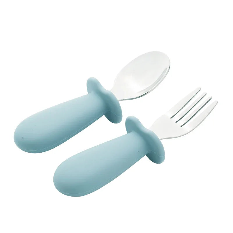 2PCS Baby Tableware Set – Stainless Steel Food Feeding Spoon & Fork, Silicone Handle Utensils for Infants & Toddlers, BPA-Free Cutlery Set