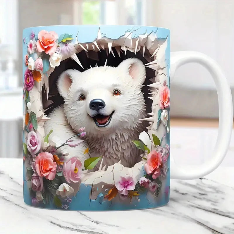 3D Animal Wrap Coffee Mug - 11 oz (350 ml) Sublimation Ceramic Kids Mug (Cat, Dog, Bear)