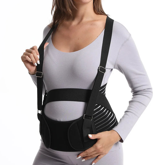 Double Support Back Abdomen Brace, Shoulder Strap Lumbar Adjustable Black M-XXL, Special Abdominal Care Belt for Pregnant Women