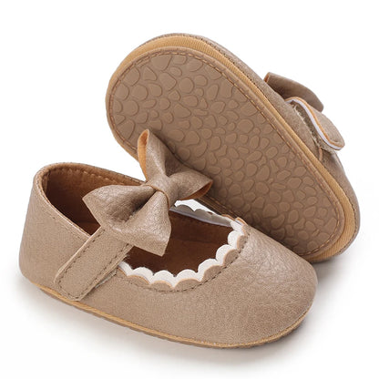 Khaki Baby Casual Shoes 0-18M Infant Toddler Bowknot Non-Slip Rubber Soft-Sole Flat PU First Walker Newborn Mary Janes